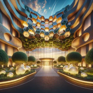 DALL·E 2024-02-19 12.22.53 - Imagine a futuristic hotel entrance with a grand, honeycomb-like facade comprising of hexagonal windows that emit a warm, golden glow. The entrance is